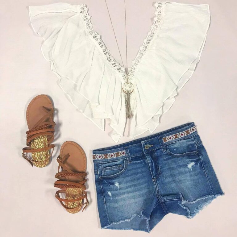 White Lace Blouse and Denim Shorts Combo