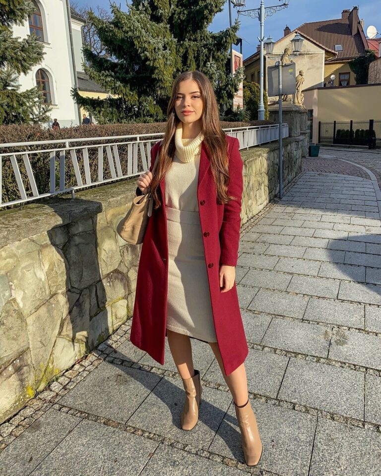 Burgundy Coat and Beige Outfit