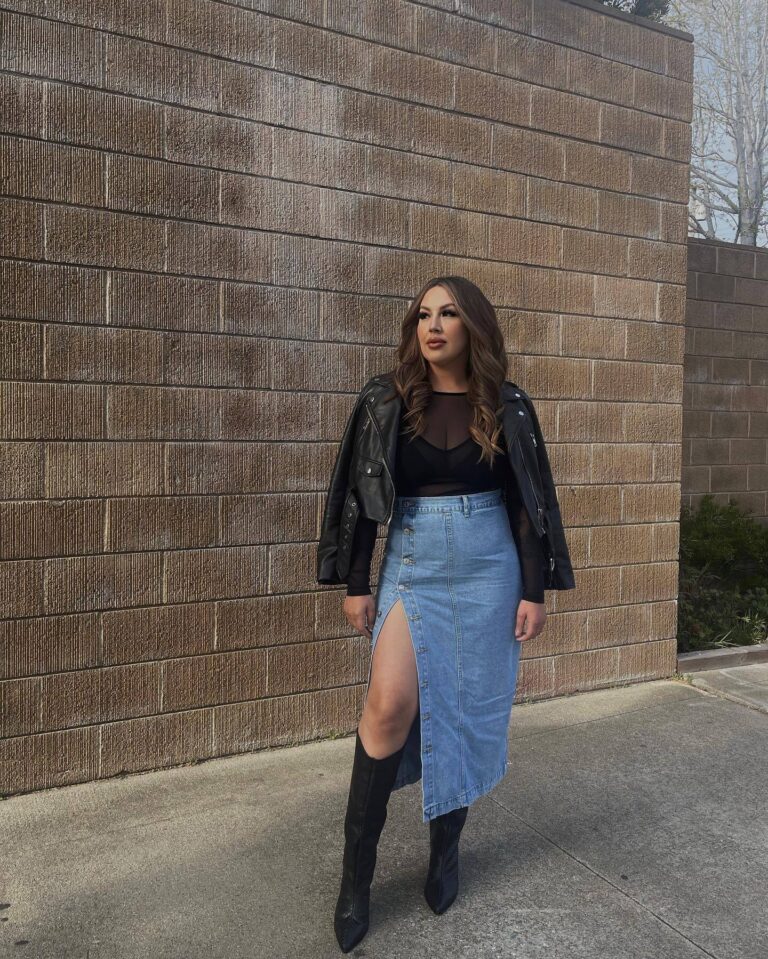 Denim Skirt and Leather Jacket